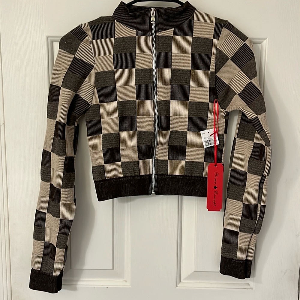 Roma Concept Color-block Beige/brown Zipper Up Junior Sweater Size S/M